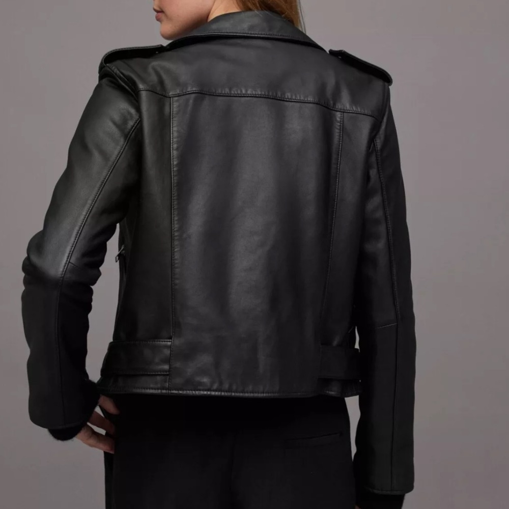 All Saints Black Balfern Belted Hem Leather Biker Jacket - Picture 3 of 10